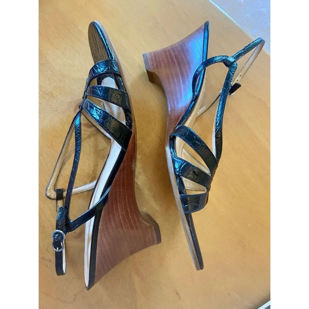 Ann Taylor LOFT Black Croc Embossed Leather Wooden Wedge Sandals Womens 9M